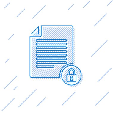 Mavi Belge ve beyaz arka planda yalıtılmış kilit çizgisi simgesi. Dosya biçimi ve asma kilit. Güvenlik, güvenlik, koruma konsepti. Vektör İllüstrasyonu