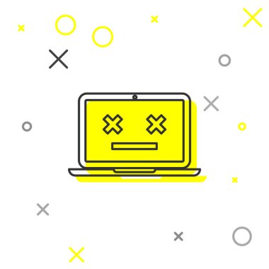 Gri Ölü dizüstü bilgisayar satırı simgesi beyaz arka planda yalıtılmış. Ölü emoji ile dizüstü bilgisayar gibi 404 hata. Pc sisteminde ölümcül hata. Vektör İllüstrasyonu