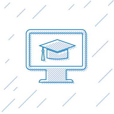 Beyaz arka planda izole mezuniyet kapağı simgesi ile Mavi Bilgisayar monitör. Online öğrenme veya e-öğrenme kavramı. İnternet bilgi sembolü. Vektör İllüstrasyonu