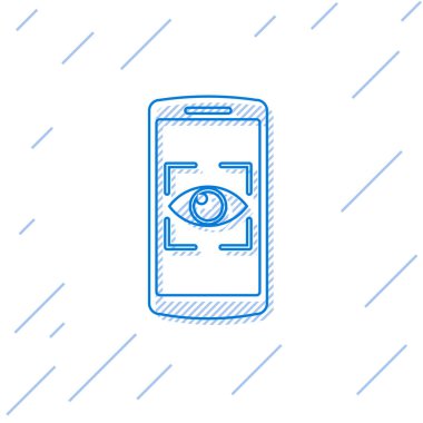 Mavi Cep telefonu ve göz tonu simgesi beyaz arka plan üzerinde izole. Tarama gözü. Güvenlik kontrolü sembolü. Siber göz işareti. Vektör İllüstrasyonu