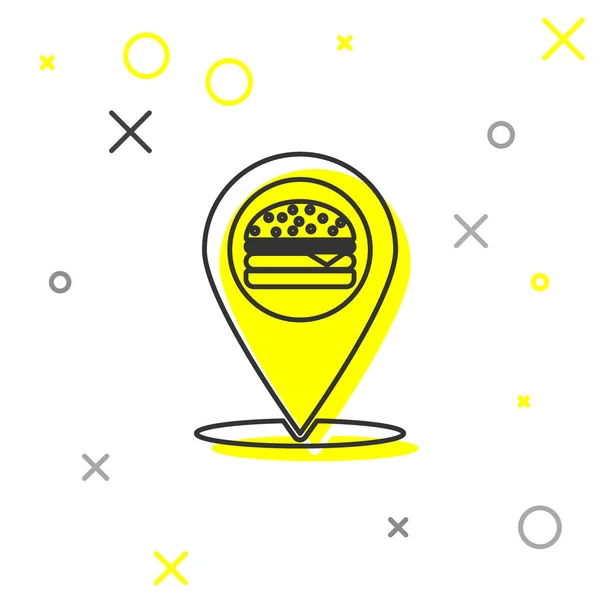 Puntatore mappa grigia con icona della linea di hamburger fast food isolato su sfondo bianco. Illustrazione vettoriale — Vettoriale Stock