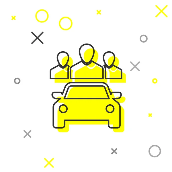 Graues Carsharing mit einer Gruppe von Menschen reiht sich isoliert auf weißem Hintergrund aneinander. Carsharing-Schild. Transportvermietungskonzept. Vektorillustration — Stockvektor