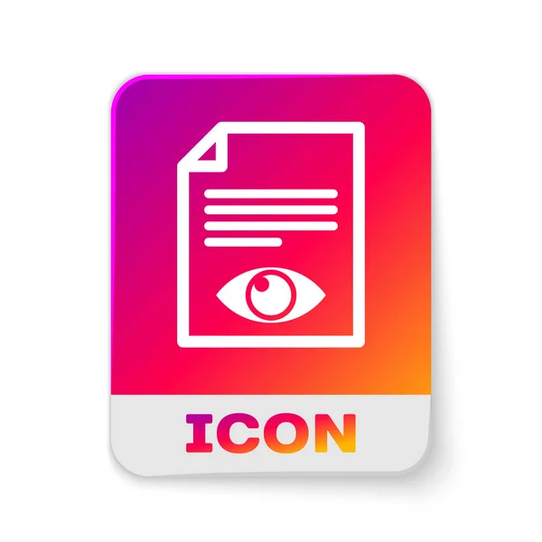 Página de papel blanco con icono de símbolo de ojo aislado sobre fondo blanco. Abrir signo de archivo de información. Botón de color rectángulo. Ilustración vectorial — Vector de stock