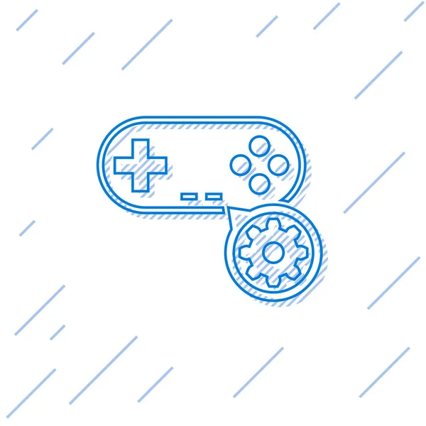 Gamepad azul e ícone de linha de engrenagem isolado no fundo branco. Ajustar aplicativo, conceito de serviço, opções de configuração, manutenção, reparo, fixação. Ilustração vetorial — Vetor de Stock