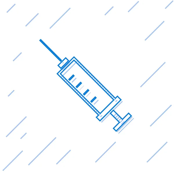 Niebieska ikona linii strzykawki na białym tle. Strzykawka do szczepionki, szczepienia, wstrzyknięcia, grypa strzał. Sprzęt medyczny. Ilustracja wektorowa — Wektor stockowy