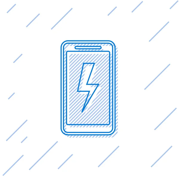 Blue Smartphone charging battery line icon isolated on white background. Phone with a low battery charge. Vector Illustration — Stock Vector