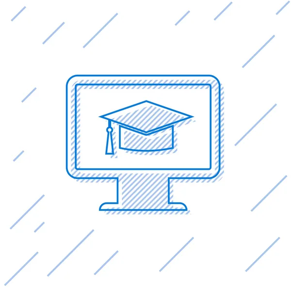 Monitor niebieski komputer z ikoną linii Cap podziałka na białym tle. Uczenie się online lub koncepcja e-learningowa. Internetowy symbol wiedzy. Ilustracja wektorowa — Wektor stockowy