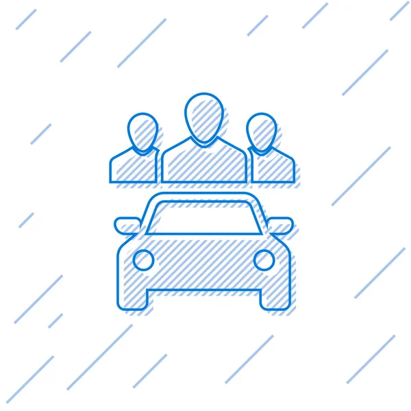 蓝色汽车共享与人群线图标隔离在白色背景。汽车共享标志。运输租赁服务理念。矢量插图 — 图库矢量图片