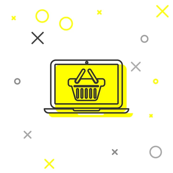 Graue Einkaufskorb auf dem Bildschirm Laptop Linie Symbol isoliert auf weißem Hintergrund. Konzept E-Commerce, E-Business, Online Business Marketing. Vektorillustration — Stockvektor