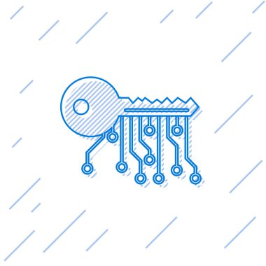 Mavi Cryptocurrency anahtar satırı simgesi beyaz arka planda yalıtılmış. Siber güvenlik veya özel anahtar kavramı, teknoloji arayüzü ile dijital anahtar. Vektör İllüstrasyonu