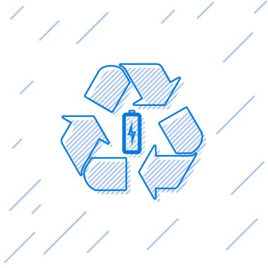 Beyaz arka planda yalıtılmış geri dönüşüm simgesi simgesine sahip Mavi Pil. Geri dönüşüm sembolü ile Pil - yenilenebilir enerji kavramı. Vektör İllüstrasyonu