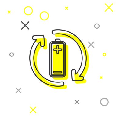 Beyaz arka planda yalıtılmış geri dönüşüm simgesi simgesine sahip Gri Pil. Geri dönüşüm sembolü ile Pil - yenilenebilir enerji kavramı. Vektör İllüstrasyonu