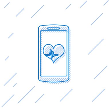 Beyaz arka planda yalıtılmış kalp hızı monitör fonksiyon çizgisi simgesine sahip Mavi Akıllı Telefon. Vektör İllüstrasyonu