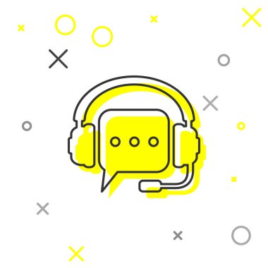 Beyaz arka planda yalıtılmış konuşma balonu simgesine sahip gri Kulaklıklar. Destek müşteri hizmetleri, yardım hattı, çağrı merkezi, kılavuz, sss, bakım, yardım. Vektör İllüstrasyonu