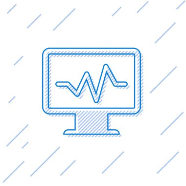 Beyaz arka plan üzerinde izole kardiyogram çizgi simgesi ile Mavi Bilgisayar monitör. İzleme simgesi. Kalp atışı eli çizilmiş Ekg monitör. Vektör İllüstrasyonu