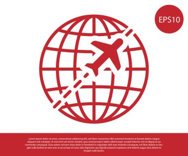 Beyaz arka plan üzerinde izole uçan uçak simgesi ile Kırmızı Küre. Uçak dünya gezegeninin etrafında uçar. Uçak dünya simgesi. Vektör İllüstrasyonu