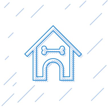 Mavi Köpek ev ve kemik çizgi simgesi beyaz arka plan üzerinde izole. Köpek kulübesi. Vektör İllüstrasyonu