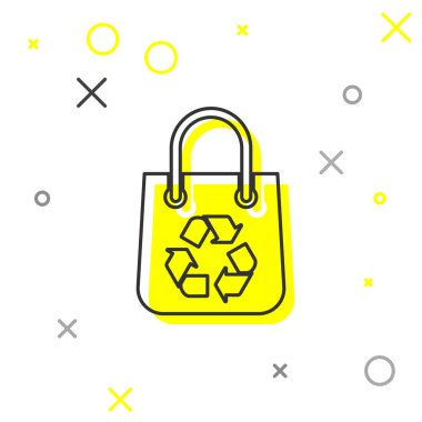 Beyaz arka planda izole edilmiş geri dönüşüm çizgisi simgesine sahip Gri Kağıt alışveriş çantası. Geri dönüşüm sembolü ile çanta. Vektör İllüstrasyonu