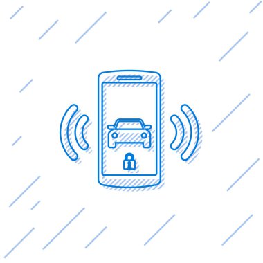 Mavi Akıllı araba alarm sistemi çizgi simgesi beyaz arka plan üzerinde izole. Akıllı telefon kablosuz araç güvenliğini kontrol eder. Vektör İllüstrasyonu
