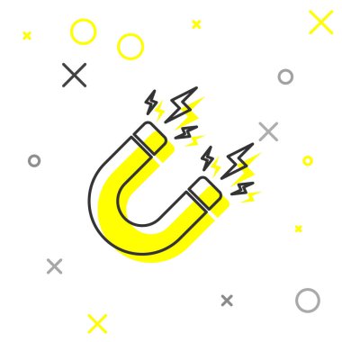 Beyaz arka planda izole edilmiş yıldırım çizgisi simgesine sahip Gri Mıknatıs. At nalı mıknatısı, manyetizma, manyetize, çekim işareti. Vektör İllüstrasyonu