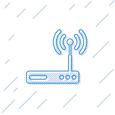 Mavi Yönlendirici ve wi-fi sinyal sembolü simgesi beyaz arka planda yalıtılmış. Kablosuz ethernet modem yönlendirici. Bilgisayar teknolojisi internet. Vektör İllüstrasyonu