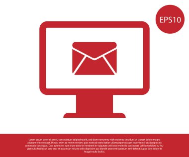 Kırmızı Bilgisayar monitör ve zarf, yeni mesaj, posta, e-posta simgesi beyaz arka plan üzerinde izole. E-posta bültenleri, üstbilgi, blog gönderileri için kullanım. Vektör İllüstrasyonu