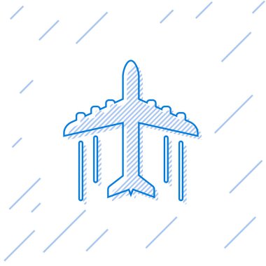 Beyaz arka planda yalıtılmış Mavi Düzlem çizgi simgesi. Uçan uçak simgesi. Uçak işareti. Vektör İllüstrasyonu