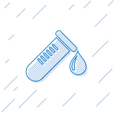 Mavi Test tüpü veya şişe kan hattı simgesi nin damla beyaz arka plan üzerinde izole ile. Laboratuvar, kimyasal, bilimsel cam işareti. Vektör İllüstrasyonu