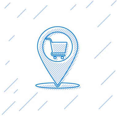 Beyaz arka planda yalıtılmış alışveriş sepeti satır simgesi ne şrıolan Mavi Harita işaretçisi. Pin point dükkanı ve alışveriş. Süpermarket sepeti sembolü. Vektör İllüstrasyonu