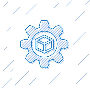 Beyaz arka planda yalıtılmış Mavi Ürün geliştirme satırı simgesi. Dişli ve küp. Başlangıç koleksiyonundan ürün geliştirme sembolü tasarımı. Vektör İllüstrasyonu