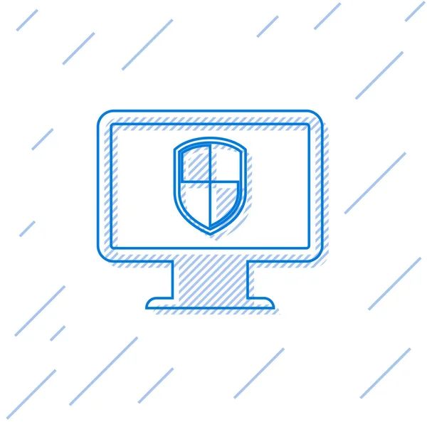 Μπλε υπολογιστή οθόνη και το εικονίδιο της γραμμής ασπίδας απομονώνονται σε λευκό φόντο. Ασφάλεια υπολογιστή, τεχνολογία τείχους προστασίας, ασφάλεια απορρήτου του Διαδικτύου ή antivirus. Απεικόνιση διανυσματικών φορέων — Διανυσματικό Αρχείο