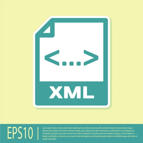 Green XML file document icon. Download xml button icon isolated on yellow background. XML file symbol. Vector Illustration