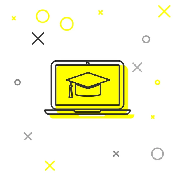 Beyaz arka planda yalıtılmış ekran dizüstü bilgisayar satırı simgesinde Gri Mezuniyet kapağı. Online öğrenme veya e-öğrenme kavramı. Vektör İllüstrasyonu — Stok Vektör