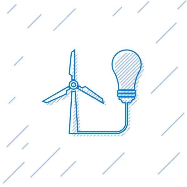 Lâmpada azul com turbina eólica como ideia de eco amigável fonte de ícone de linha de energia isolada no fundo branco. Conceito de energia alternativa. Ilustração vetorial — Vetor de Stock