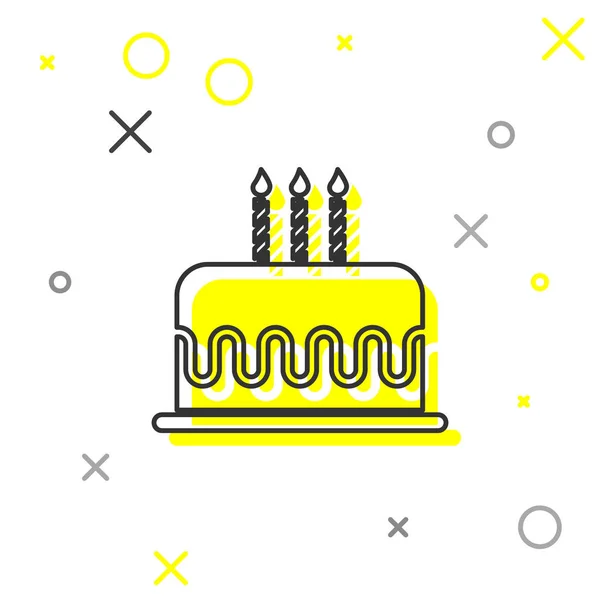 Bolo cinza com velas em chamas ícone de linha isolado no fundo branco. Feliz Aniversário. Ilustração vetorial —  Vetores de Stock