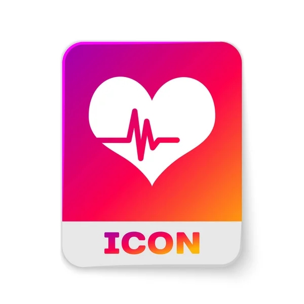 Vit hjärtfrekvens ikon isolerad på vit bakgrund. Heartbeat-tecken. Puls ikonen. Ikonen för cardiogram. Knappen rektangel färg. Vektor illustration — Stock vektor