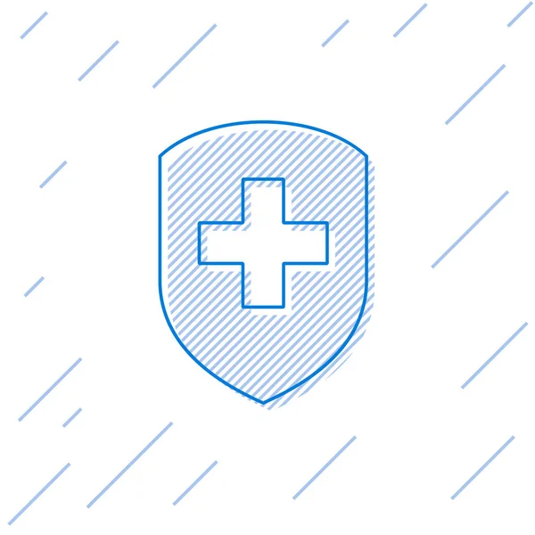 Escudo médico azul con icono de línea transversal aislado sobre fondo blanco. Concepto de protección de la salud Icono de placa de seguridad. Banner de privacidad. Etiqueta de seguridad. Ilustración vectorial — Vector de stock