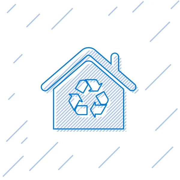 Blaues Öko-Haus mit Recycling-Symbol auf weißem Hintergrund. Ökologie zu Hause mit Recycling-Pfeilen. Vektorillustration — Stockvektor