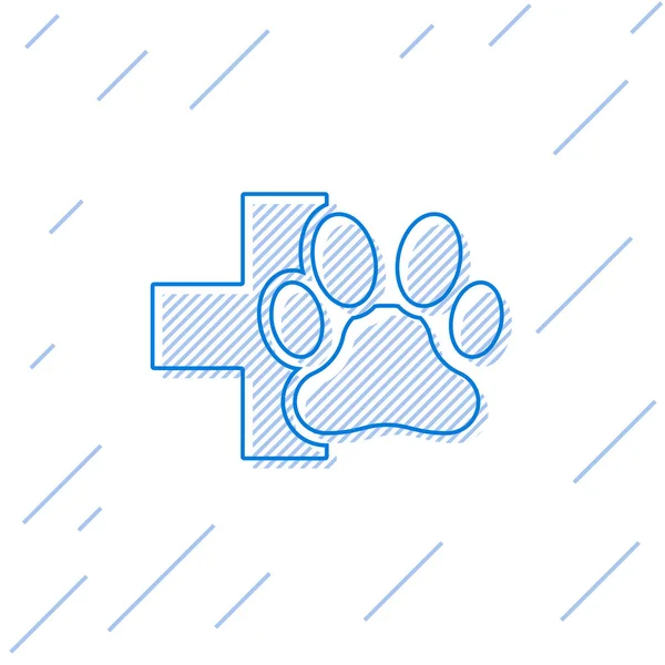 Blue Veterinary clinic symbol line icon isolated on white background. Cross hospital sign. A stylized paw print dog or cat. Pet First Aid sign. Vector Illustration — Stock Vector