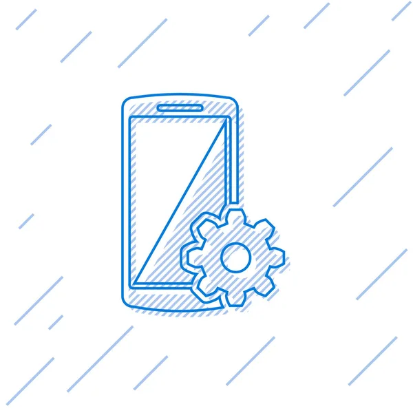 Configuración azul en el icono de la línea de pantalla del teléfono inteligente aislado sobre fondo blanco. Teléfono móvil y señal de marcha. Ajuste de la aplicación, opciones de configuración, reparación, fijación de conceptos de teléfono. Ilustración vectorial — Vector de stock