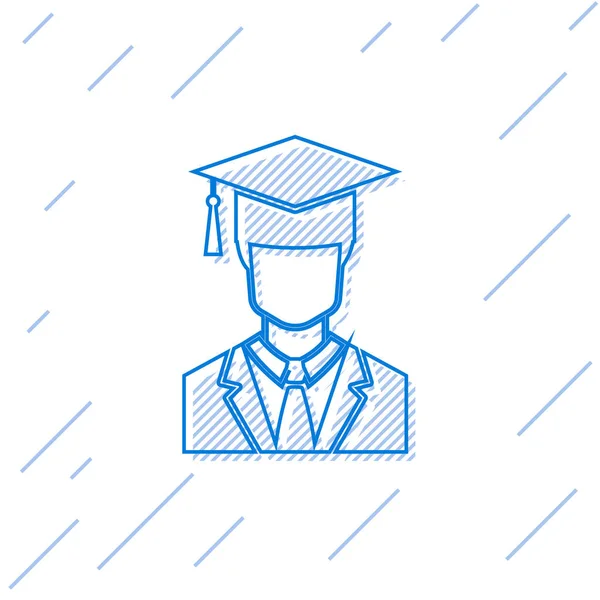 Modrý muž postgraduální studentský profil s ikonou a čárou promoce na bílém pozadí. Vektorová ilustrace — Stockový vektor