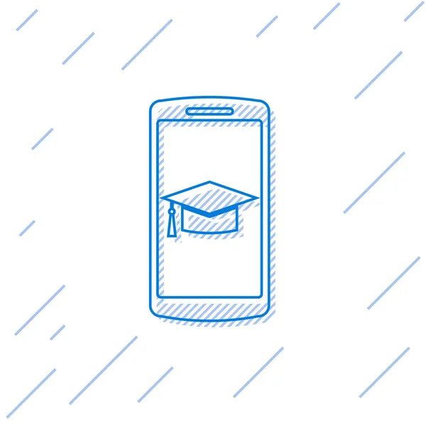 Μπλε καπάκι αποφοίτηση στο εικονίδιο της γραμμής smartphone οθόνη απομονώνεται σε λευκό φόντο. Ηλεκτρονική μάθηση ή έννοια της ηλεκτρονικής μάθησης. Απεικόνιση διανυσματικών φορέων — Διανυσματικό Αρχείο