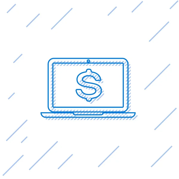 Ordinateur portable bleu avec icône de ligne de symbole dollar isolé sur fond blanc. Concept d'achat en ligne. Concept d'économie. Illustration vectorielle — Image vectorielle