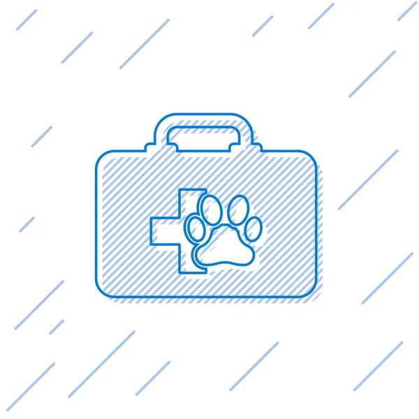 На белом фоне выделена иконка "Blue Pet First aid kit". Отпечаток лапы собаки или кошки. Клиническая коробка. Векторная миграция — стоковый вектор