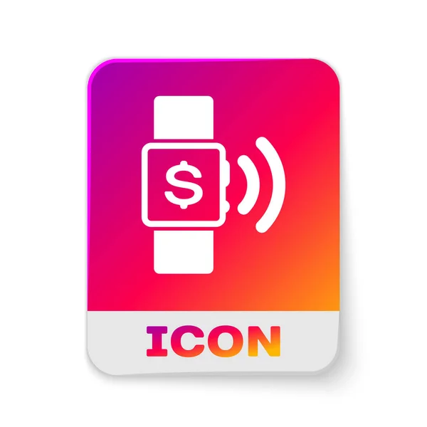 Wit contactloos betaal pictogram geïsoleerd op witte achtergrond. SmartWatch met NFC-technologie die draadloze contactloze transacties maakt. Rechthoek kleur knop. Vector illustratie — Stockvector