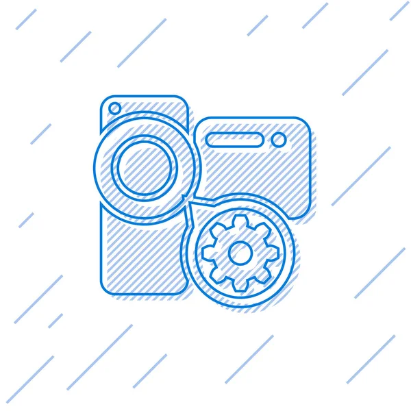 Caméra vidéo bleue et icône de la ligne d'engrenage isolés sur fond blanc. Réglage app, concept de service, options de réglage, entretien, réparation, réparation. Illustration vectorielle — Image vectorielle