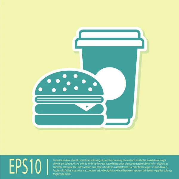 Grönt kaffe och Burger Icon isolerad på gul bakgrund. Snabb mat symbol. Vektor illustration — Stock vektor