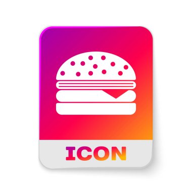 Beyaz Burger simgesi beyaz arka plan üzerinde izole. Hamburger simgesi. Cheeseburger sandviç işareti. Dikdörtgen renk düğmesi. Vektör İllüstrasyonu