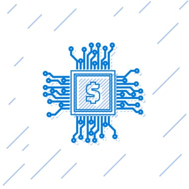 Beyaz arka planda yalıtılmış dolar çizgi simgesine sahip Mavi İşlemci yongası. İşlemci, merkezi işlem birimi, mikroçip, mikrodevre, bilgisayar işlemcisi, çip. Vektör İllüstrasyonu