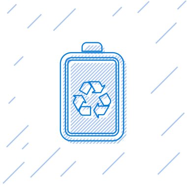 Beyaz arka planda yalıtılmış geri dönüşüm simgesi simgesine sahip Mavi Pil. Geri dönüşüm sembolü ile Pil - yenilenebilir enerji kavramı. Vektör İllüstrasyonu